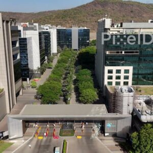PD0548 - Flying Towards the Entrance of a Modern Corporate Business Park