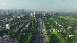 PD0649 - Green Urban Corridor: An Aerial View of a Major City Expressway