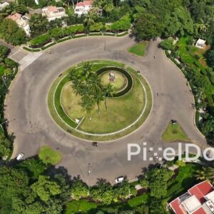 PD0635 - Top-Down Aerial of a Landscaped Roundabout in an Upscale Suburb