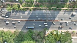 PD0679 - Aerial Top-Down View of Traffic Flow on a Multi-Lane Highway