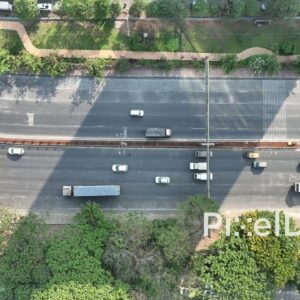 PD0679 - Aerial Top-Down View of Traffic Flow on a Multi-Lane Highway