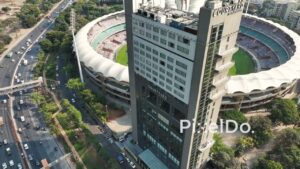 PD0678 - Aerial Orbit of Courtyard by Marriott Hotel and DY Patil Stadium
