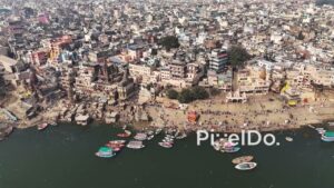 PD0668 - Cinematic Aerial Tracking Shot of the Ancient Ghats of Varanasi