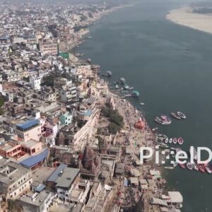 PD0665 - Aerial Fly-Along Shot of the Historic Manikarnika Ghat in Varanasi