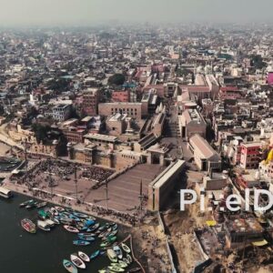 PD0657 - Epic Aerial Orbit of Varanasi's Sprawling Cityscape and Sacred Ghats