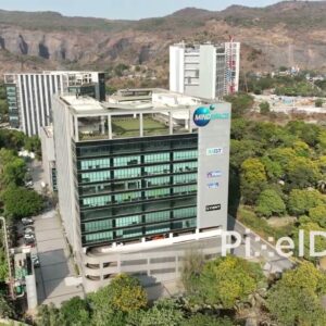 PD0683 - Aerial View of a Modern Business Park with a Mountain Backdrop
