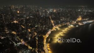 PD0041 - Aerial View of Mumbai's 'Queen's Necklace' at Marine Drive and Chowpatty Beach at Night