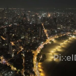 PD0041 - Aerial View of Mumbai's 'Queen's Necklace' at Marine Drive and Chowpatty Beach at Night