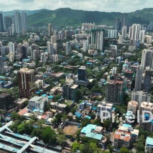 PD0103 - Aerial View of Mumbai's Mulund Suburb with its Railway Station and Green Hills