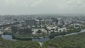PD0744 - Moody Aerial View of the Jio World Centre in Mumbai on an Overcast Day