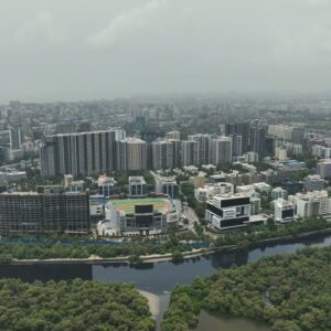 PD0744 - Moody Aerial View of the Jio World Centre in Mumbai on an Overcast Day
