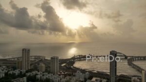 PD0090- Dramatic Aerial View of Mumbai's Bandra-Worli Sea Link with God Rays at Sunset
