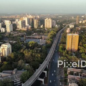 PD0130 - Aerial View of Mumbai's Chembur Suburb with Flyovers and Monorail at Golden Hour