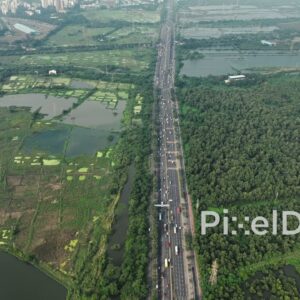 PD0123 - Aerial View of Mumbai Highway Dividing Mangrove Forest and Urban Landscape