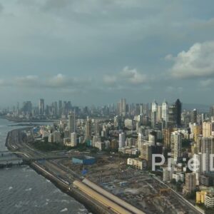 PD0066 - Aerial View of the Mumbai Coastal Road Construction and South Mumbai Skyline