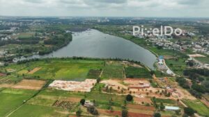 PD0187 - Aerial View of Doddajala Lake Surrounded by Farmland near Bengaluru