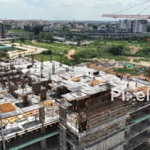 PD0178 - Aerial View of a High-Rise Building Construction Site with Workers and Cranes