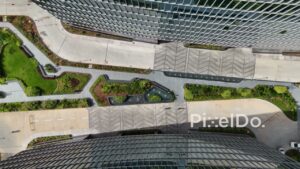 PD0199 - Top-Down Aerial View of Modern Office Building Entrance and Plaza