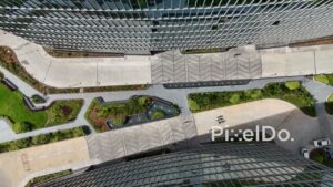 PD0198 - Top-Down Aerial View of Modern Office Building Entrance and Plaza