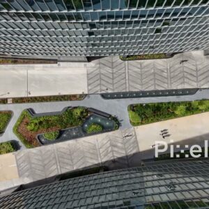 PD0198 - Top-Down Aerial View of Modern Office Building Entrance and Plaza