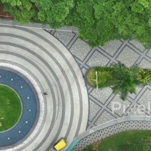 PD0225 - Top-Down Aerial View of Modern Urban Street with Patterned Pavement and Fountain