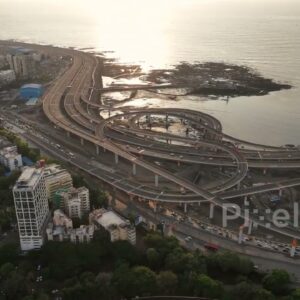 PD0264 - Aerial View of the Mumbai Coastal Road Interchange, an Engineering Marvel, at Sunset