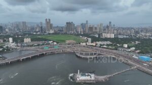 PD0284 -  Iconic Mumbai Aerial: Haji Ali Dargah, Racecourse, and Coastal Road - Rainy Day