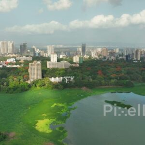 PD0375 - Aerial View of Powai Lake with Lush Greenery and the Mumbai Cityscape