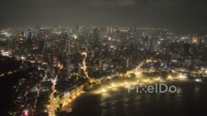 PD0040 - Aerial View of Mumbai's 'Queen's Necklace' at Marine Drive and Chowpatty Beach at Night