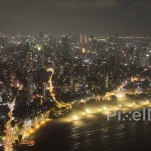 PD0040 - Aerial View of Mumbai's 'Queen's Necklace' at Marine Drive and Chowpatty Beach at Night