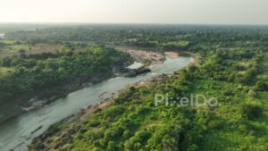 PD0346 - Aerial View of a River Winding Through a Lush Forest and Farmland in India