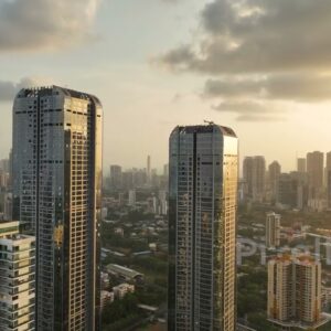 PD0386 - Cinematic Aerial Orbit of Island City Center (ICC) Towers in Mumbai at Sunset