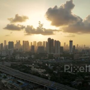 PD0383 - Golden Sunset Over Mumbai Skyline and Freeway, Aerial Drone View