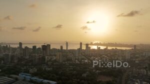 PD0379 - Golden Sunset Over Mumbai Skyline with Bandra-Worli Sea Link, Aerial View
