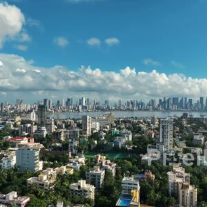 PD0376 - Sunny Day Aerial Pan of Mumbai's Coastline from Bandra West
