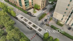 PD0456 - Aerial Shot of Cars Exiting a Corporate Office Park