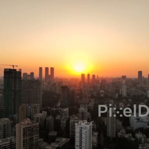 PD0770 - Aerial Drone Shot of Mumbai's Skyline During a Golden Sunset