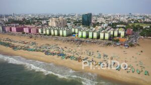 PD0831 - Aerial Pan of Chennai's Fishing Beach and Coastline