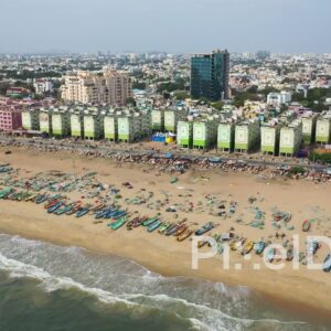 PD0831 - Aerial Pan of Chennai's Fishing Beach and Coastline