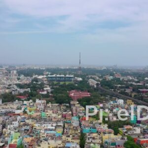 PD0834 - Aerial Pan of Chennai's Coastline and M. A. Chidambaram Stadium