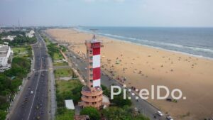 PD0826 - Aerial Orbit of Chennai Lighthouse on Marina Beach