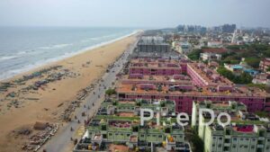 PD0822 - Aerial View of Chennai's Colorful Coastline and Fishing Beach