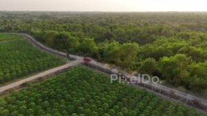 PD0820 - Aerial View of Red SUV on a Scenic Countryside Road