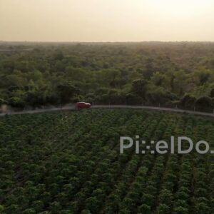 PD0819 - Aerial View of Red SUV on a Rural Road at Sunset