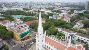 PD0849 - Cinematic Aerial of Santhome Cathedral and Marina Beach
