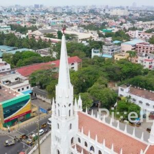 PD0849 - Cinematic Aerial of Santhome Cathedral and Marina Beach