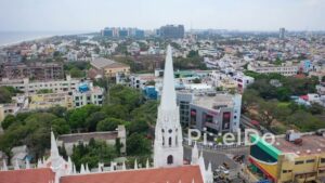 PD0848 - Cinematic Aerial Orbit of Santhome Cathedral Basilica in Chennai