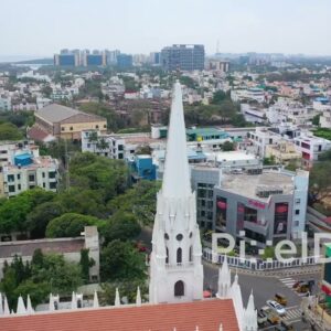 PD0848 - Cinematic Aerial Orbit of Santhome Cathedral Basilica in Chennai