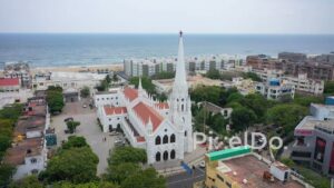 PD0847 - Cinematic Aerial Orbit of Santhome Cathedral Basilica in Chennai