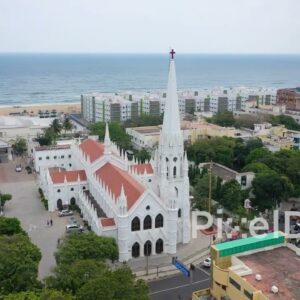 PD0847 - Cinematic Aerial Orbit of Santhome Cathedral Basilica in Chennai